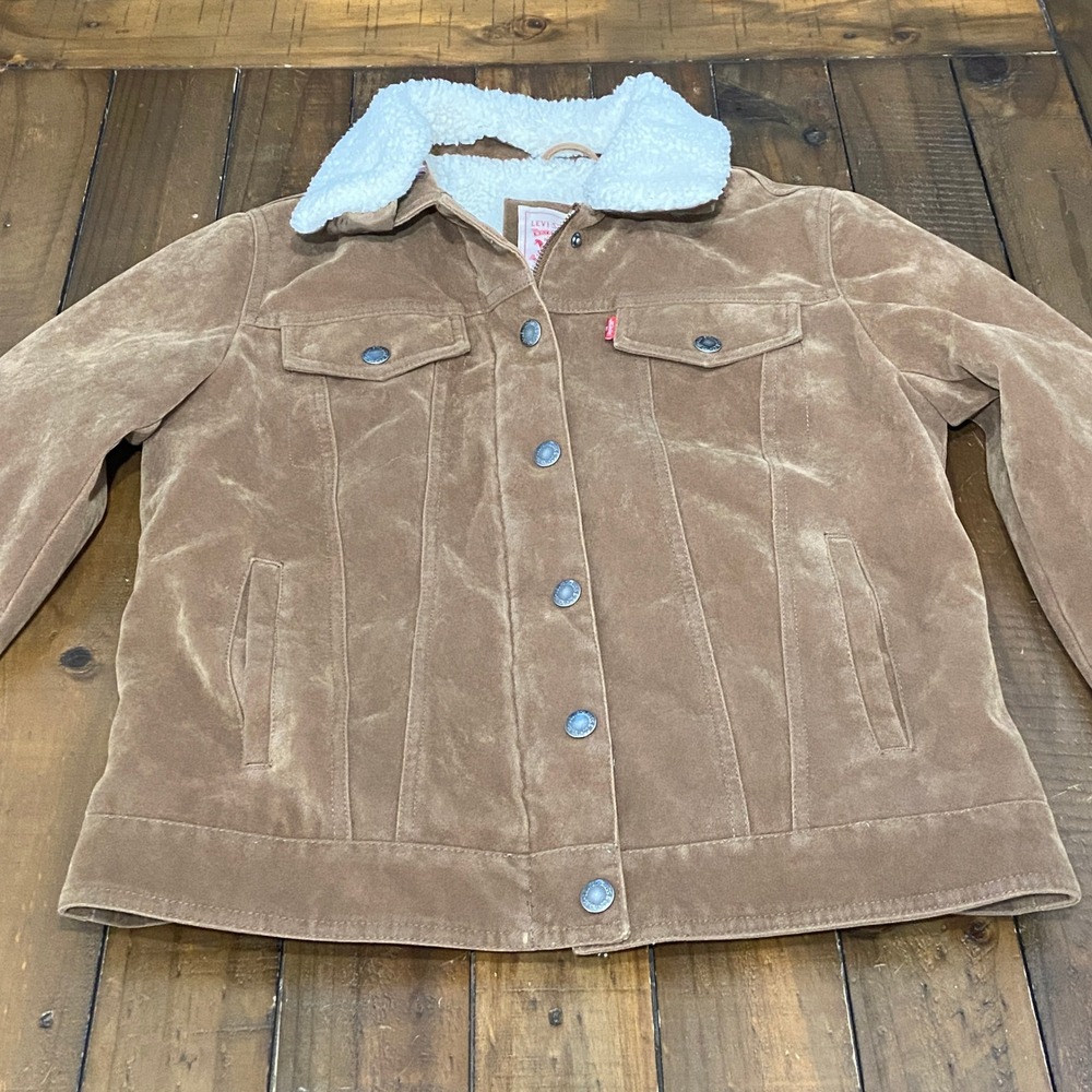 Levi's Faux Suede Sherpa Trucker Jacket Small S Tan Brown Zip Snap Aviator
